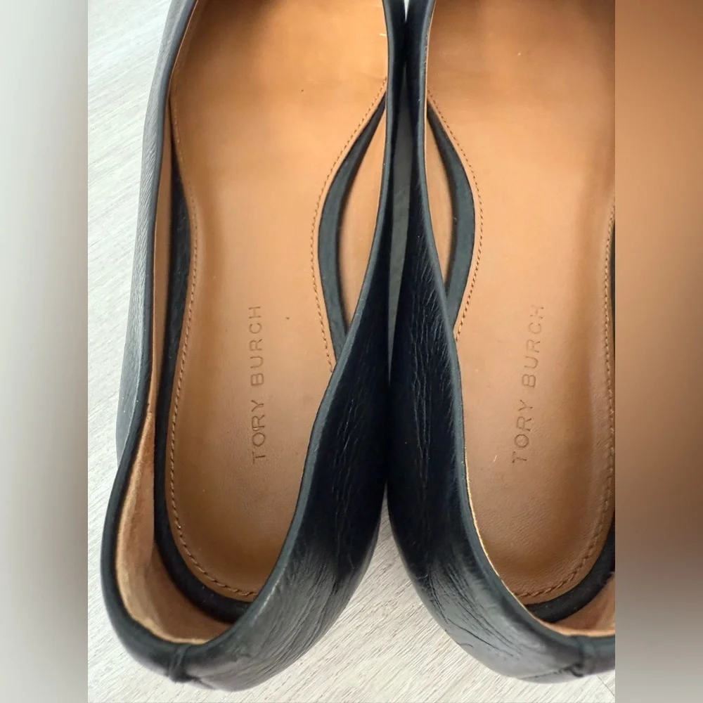 Tory Burch Benton Ballet Flats Shoes Black Nappa Leather Gold Tone Logo Size 6